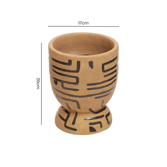 Dimension guide for a brown carved tiki-style ceramic planter showing height and width measurements