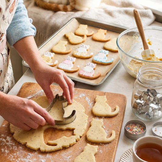 Hands cutting cat shaped cookies with a metal cat cookie cutter on a baking tray