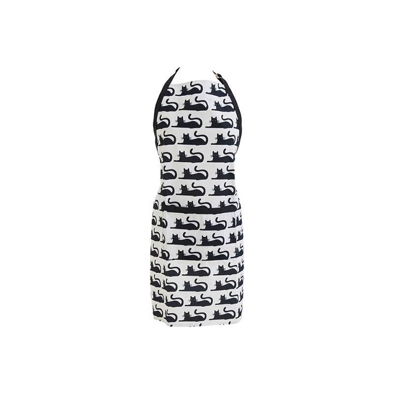 cat print kitchen apron full length product view showing black cat pattern and front pocket detail, printed cotton apron for women
