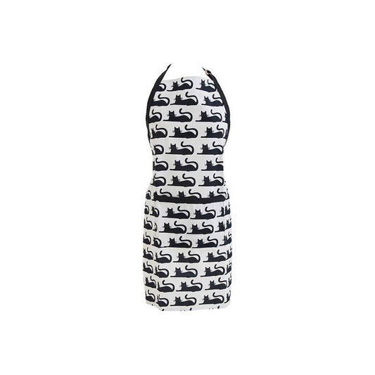 cat print kitchen apron full length product view showing black cat pattern and front pocket detail, printed cotton apron for women