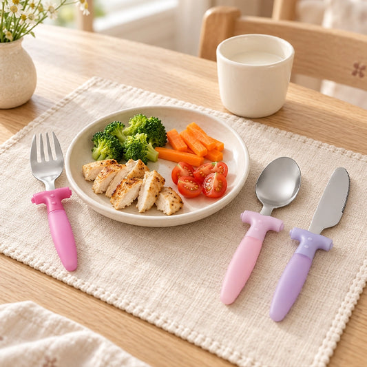 Children's pink cutlery set with kids' fork, knife and spoon in pink and purple beside a plate of chicken and vegetables