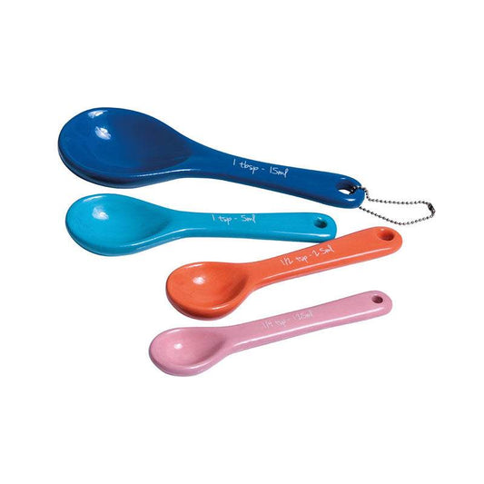 Ceramic measuring spoons set of 4 in assorted colors on white background