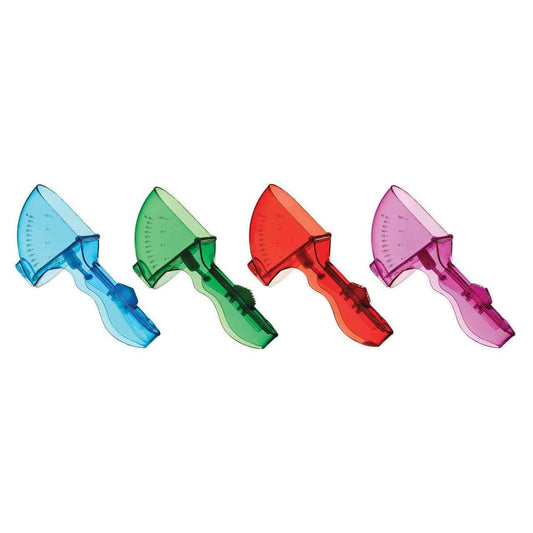 Colorful plastic measuring spoons set of 4 in assorted colors on white background