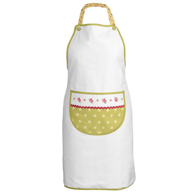 cotton kitchen apron full product view showing white body, green polka dot pocket with floral trim detail and green neck strap