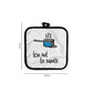 Cream square cotton pot holder with too hot to handle print and saucepan illustration, size guide showing 17cm x 17cm