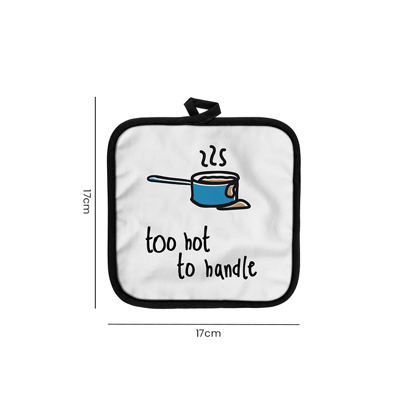 Cream square cotton pot holder with too hot to handle print and saucepan illustration, size guide showing 17cm x 17cm