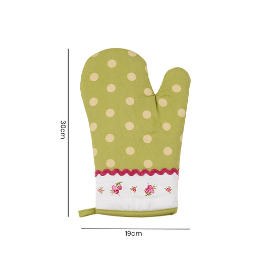 Green polka dot cotton single oven glove with floral trim showing product dimensions 34cm x 19cm