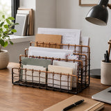 Black wire desk letter holder with wooden base for home office storage