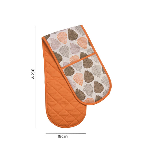 Double oven mitts with orange and grey pebble leaf print shown flat on white background with dimensions