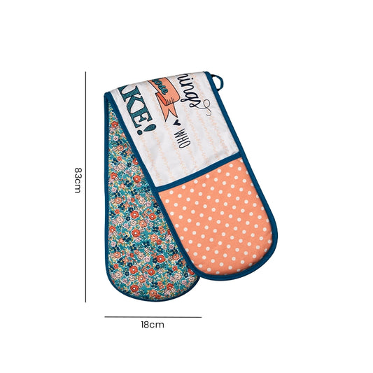 Floral and polka dot cotton double oven gloves in teal and coral showing product dimensions 53cm x 18cm