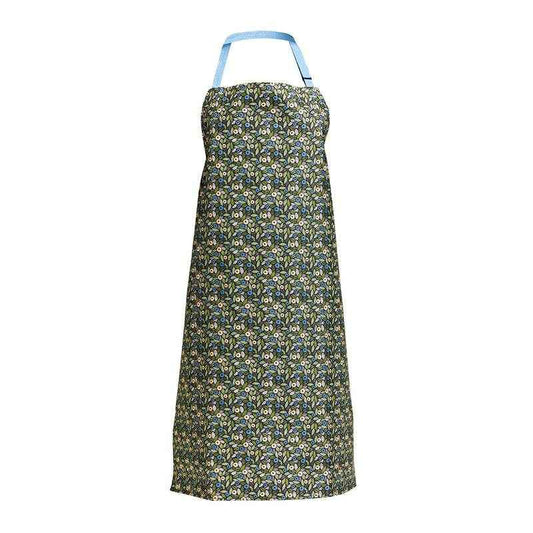 floral print gardening apron in dark botanical print with blue neck strap, water resistant cotton, UK imported full length women's garden apron
