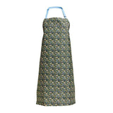 floral print gardening apron in dark botanical print with blue neck strap, water resistant cotton, UK imported full length women's garden apron