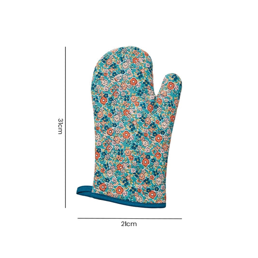 Teal floral print single oven glove with size dimensions 34cm x 21cm on white background