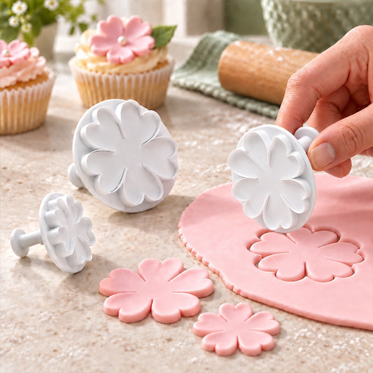 Set of 3 flower-shaped cookie cutters in white and pink on a soft pastel background