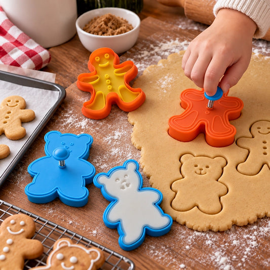 Child pressing an orange gingerbread man cookie cutter into rolled dough beside blue bear cutters