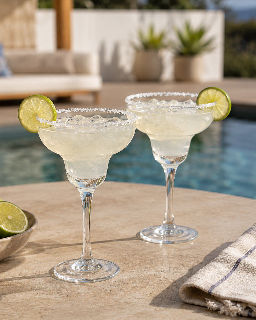 Outdoor glassware with two margarita glasses and lime wedges beside a swimming pool