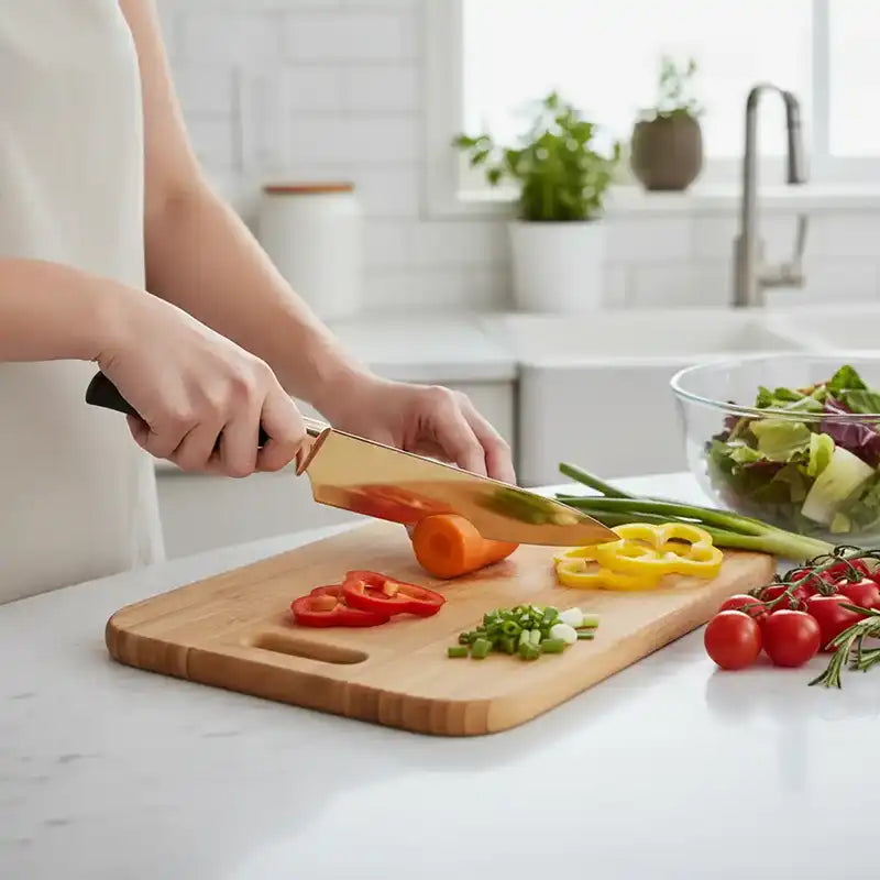 Woman chopping peppers and carrot with a gold chef knife on a wooden board in a bright kitchen