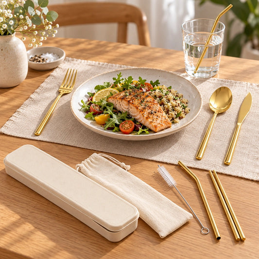 Gold cutlery set with cream travel box, fork, knife and spoon arranged beside a plated salmon and grain dish on a dining table