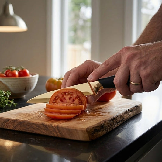 Gold kitchen knife with black handle slicing a tomato on a wooden chopping board