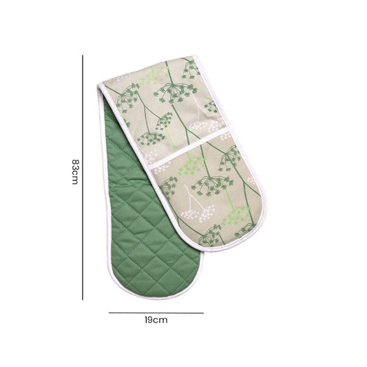 Green cotton double oven gloves with floral quilted pattern laid flat showing product dimensions