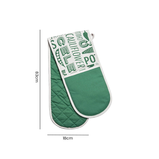 Green printed cotton double oven glove with quilted finish showing size dimensions 83cm x 18cm
