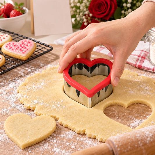 Hand pressing a red rim stainless steel heart cookie cutter into sugar cookie dough