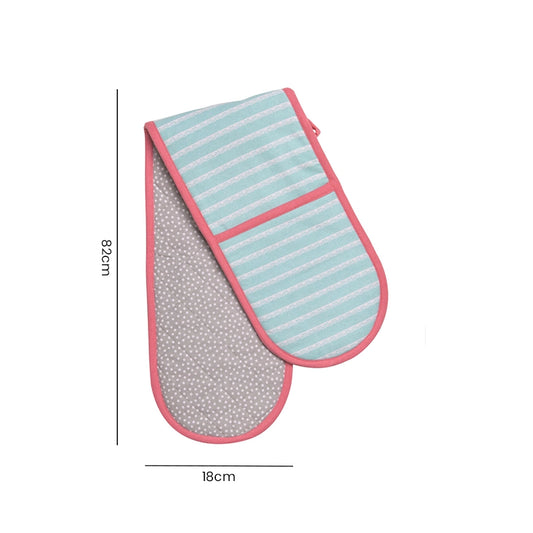 Heat-resistant kitchen baking mitts in light blue stripe pattern with pink trim, shown as a double glove set