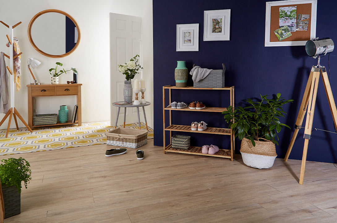 Modern Hallway furniture with wooden shoe rack, console table, round wall mirror, coat stand and storage baskets