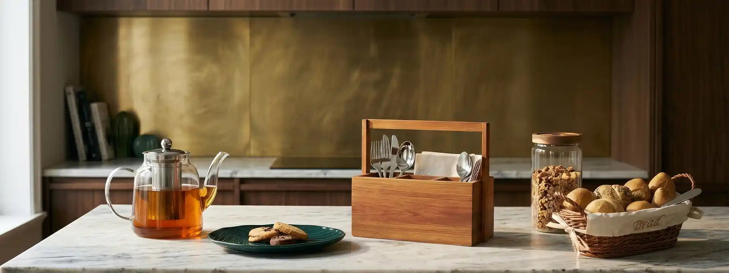 Kitchen accessories with glass teapot, wooden cutlery holder, storage jar and bread basket on a marble worktop