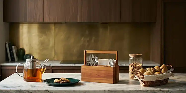 Modern kitchen accessories with glass teapot, wooden cutlery caddy, food storage jar and bread basket