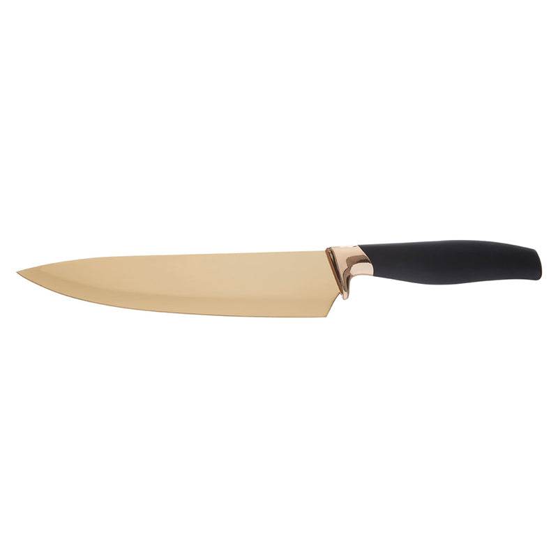 Gold-bladed kitchen chef knife with a black handle and rose gold bolster on a white background