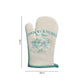 Country Kitchen cream single oven mitt with teal print shown flat on white background with size dimensions