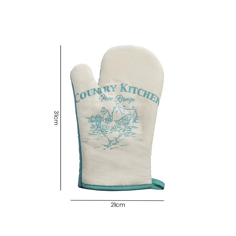 Country Kitchen cream single oven mitt with teal print shown flat on white background with size dimensions