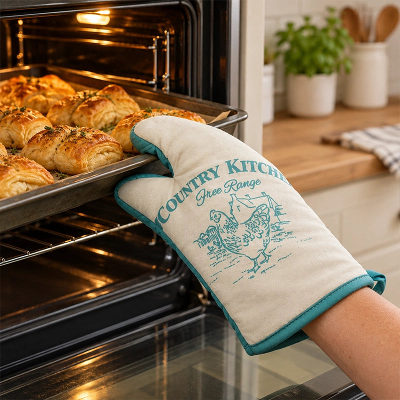 Country Kitchen single oven mitt in cream with teal trim used to take bread out of the oven