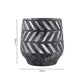 Dimensions of a large black ceramic planter with chevron detailing showing height and width measurements