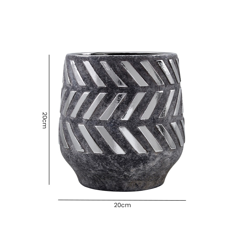 Dimensions of a large black ceramic planter with chevron detailing showing height and width measurements