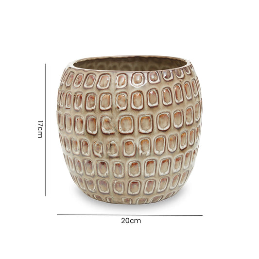 Dimension diagram of a large cream ceramic planter with carved geometric pattern and labelled measurements