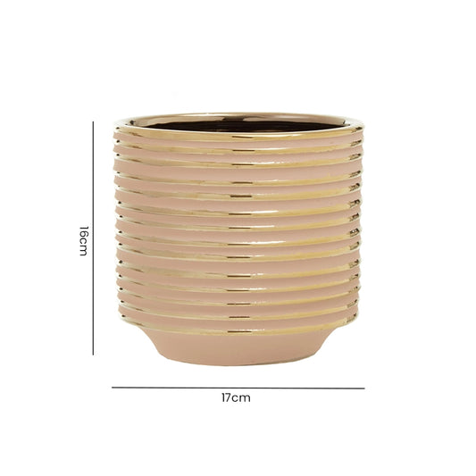 Dimensions of a large ribbed cream ceramic planter showing height and diameter measurements