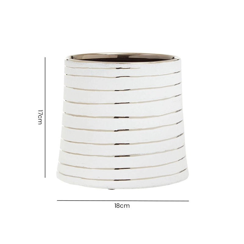 Size guide for a large white ceramic planter with horizontal stripe detail showing height and width
