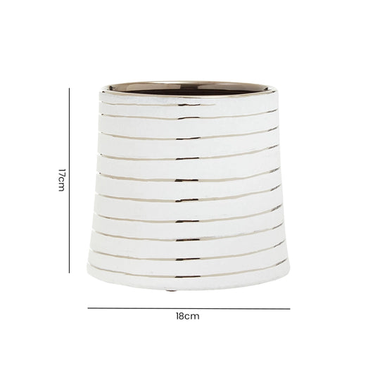 Size guide for a large white ceramic planter with horizontal stripe detail showing height and width