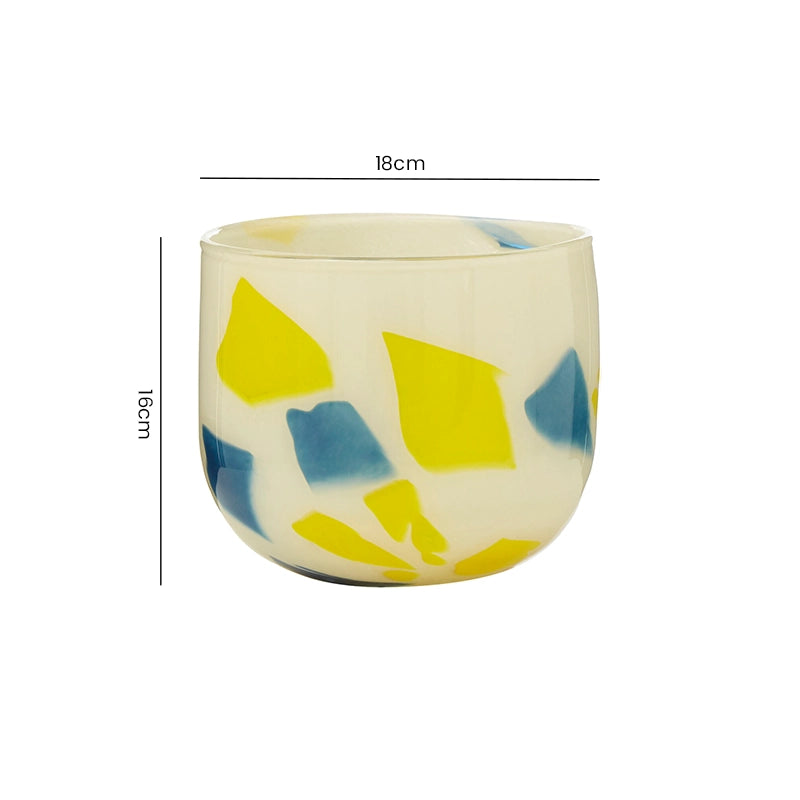 Size guide for a multicolour geometric glass flower pot showing height and width measurements