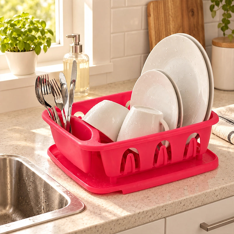 Pink dish drainer with removable tray holding white plates, bowls and cutlery beside a stainless steel sink