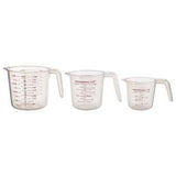 Plastic measuring jug set of 3 with clear volume markings on white background