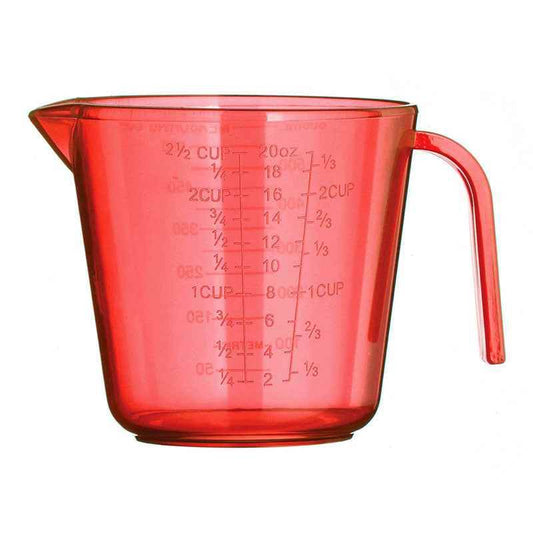 Red plastic measuring jug 600ml with clear volume markings on white background