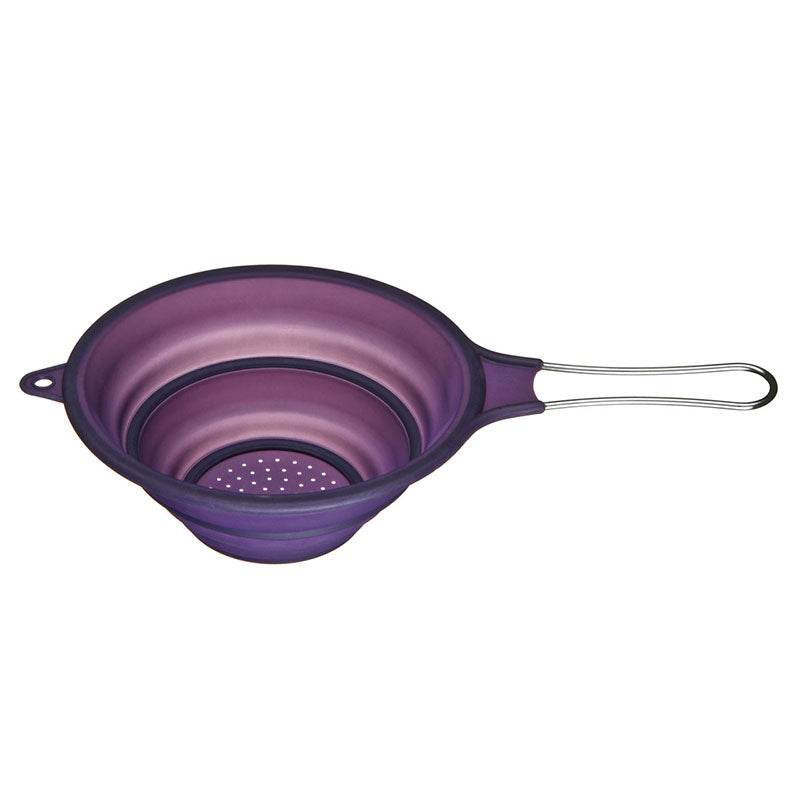 Purple collapsible mesh strainer with a stainless steel handle on white.