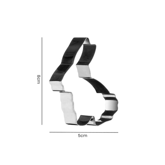 Rabbit shaped stainless steel cookie cutter with black rim measuring 8cm tall and 5cm wide