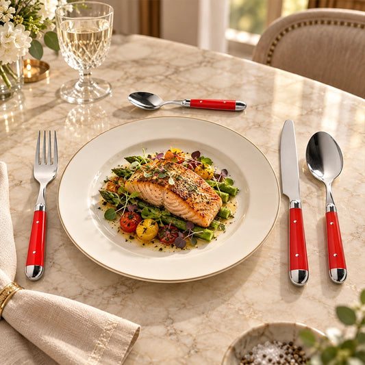 Red handle 16-piece stainless steel cutlery set arranged around a plate of baked salmon and vegetables on a marble table