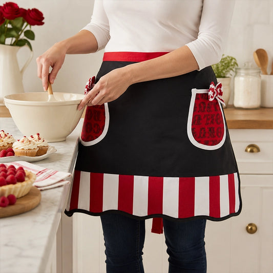 Woman wearing a red and black cotton half kitchen apron with red patterned pockets and red white striped ruffle hem while mixing batter in a bowl on a kitchen counter