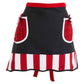 Black cotton half kitchen apron with two red print pockets with white trim and bow detail, red waistband and red and white vertical striped ruffle hem on a white background