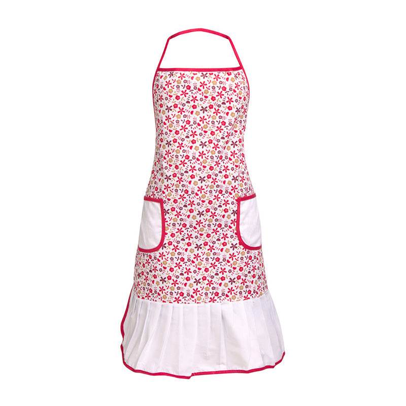 red kitchen apron with two front pockets, all-over red floral print on white cotton, red trim detail and white ruffle hem, UK imported